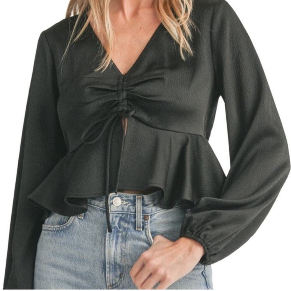All In Favor Tie Front Satin Peplum Top - Black Size M
